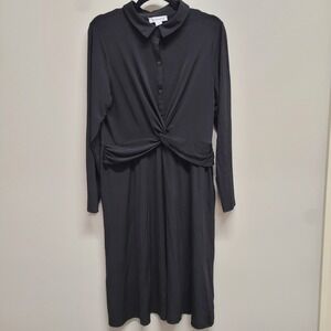 Liz Claiborne Womens Black Twist Front Long Sleeve Shirt Dress US14 Midi Jersey